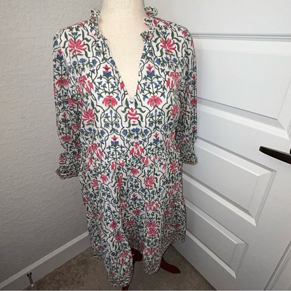 CHARLEE Floral Print Ruffle Collar Boho Tunic Dress